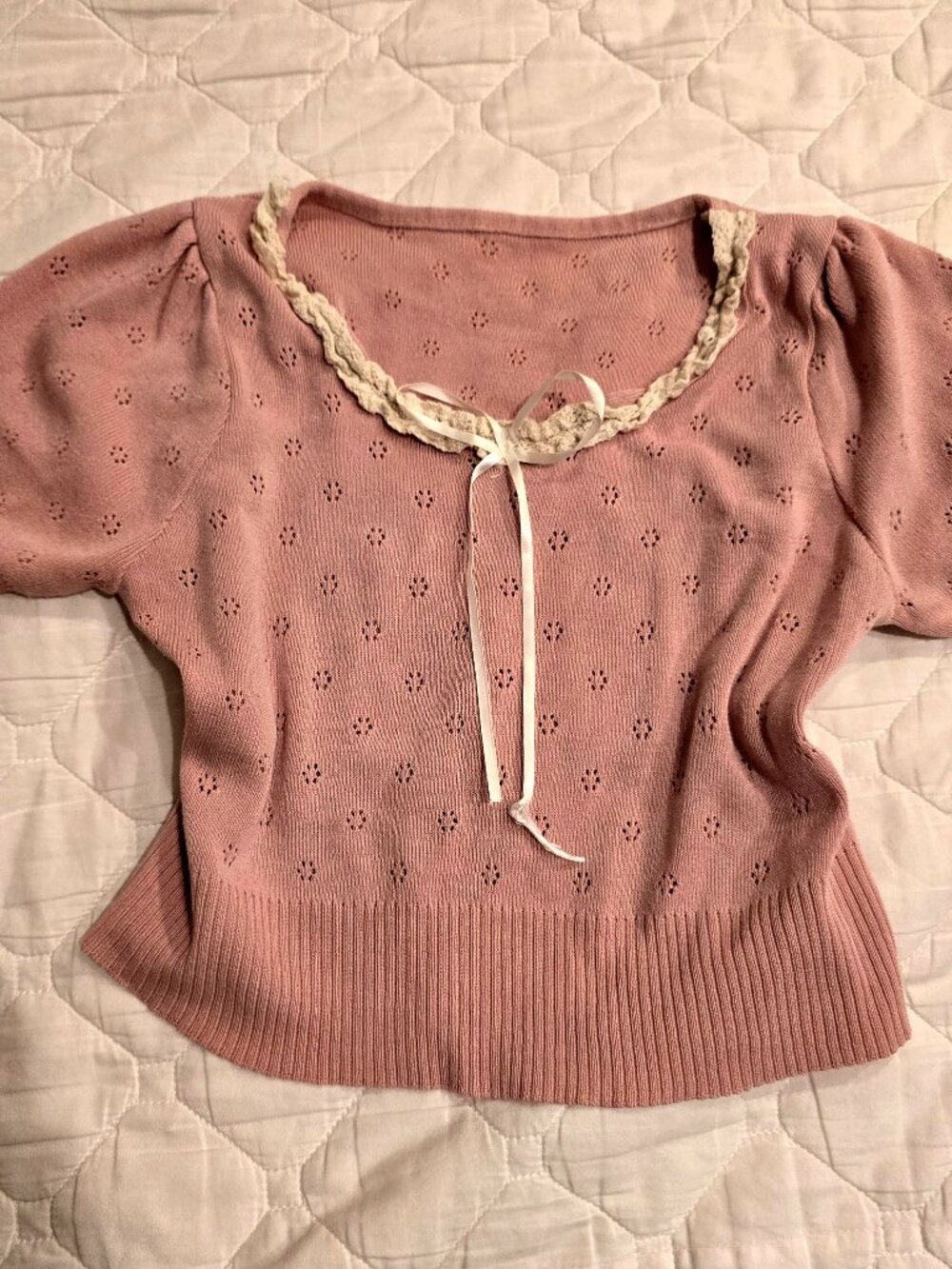 Pink Pointelle Lace Trim Puff Sleeve Short Knit Cropped Top Coquette Small